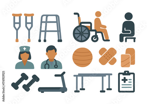 Physical therapy icons: equipment, professionals, and rehabilitation elements