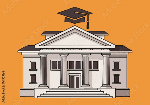 Illustration of a university building with a graduation cap.