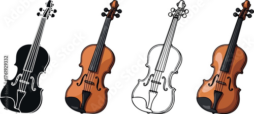 Create Violin Icon Styles. Vector icon violin same pose same proportions four styles black solid glyph outline minimal flat multicolor filled cartoon flat shaded.