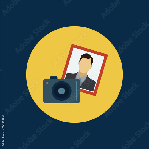 Flat vector illustration of a camera and a portrait photo, representing photography, photo studio, or ID photo services on a yellow circular background.