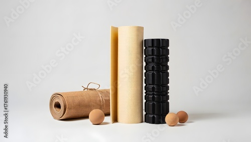 Still life of yoga mats and massage balls on a white background for exercise and relaxation