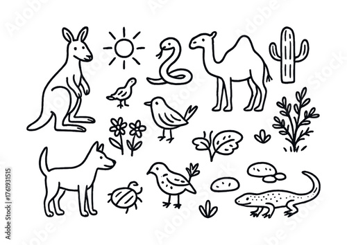 Australian wildlife doodles: kangaroo, camel, birds, and more in black and white