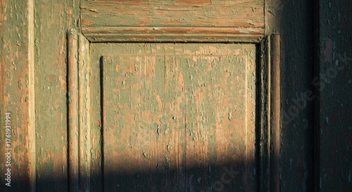 Close-up of a weathered wooden door panel.