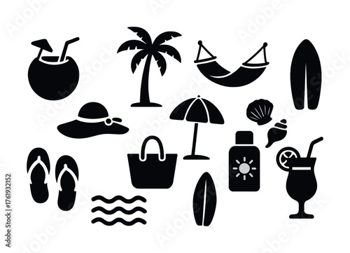 Beach icons: tropical symbols of relaxation and summertime fun