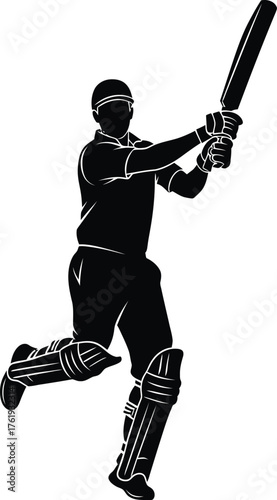 Silhouette of a cricketer swinging a bat in action