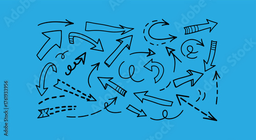 Collection of hand drawn arrow icons and symbols on blue background