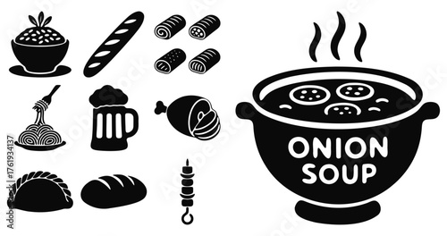 Soup, bread, noodles, dumplings, and related food vector illustrations