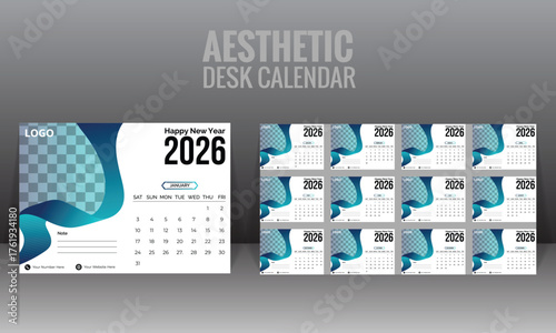 Photos Next-level 2026 desk calendar for corporate branding, featuring organic shapes and blue tones