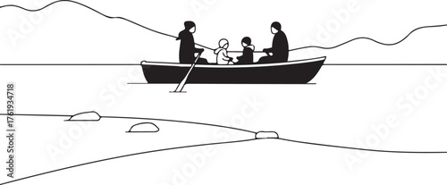 Family Rowing on a Lake Minimalistic Vector Illustration for Tranquility