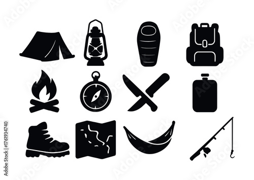 Camping gear icons: tent, lantern, sleeping bag, backpack, campfire, compass, knife, canteen, boot, map, hammock, fishing rod