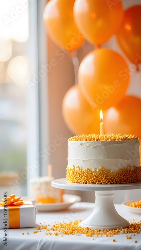 Celebration birthday cake with orange balloons and a white gift box on a white table cloth