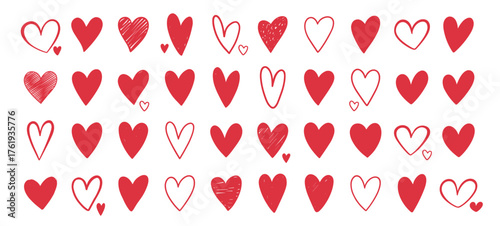 Hand drawn red love heart doodle collection vector set on transparent background