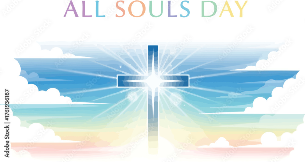 Fototapeta premium All Souls' Day vector illustration with cross, clouds, and sun rays remembrance design
