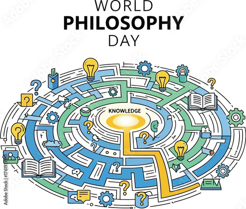 World philosophy day illustration with maze and philosophical icons for reflection