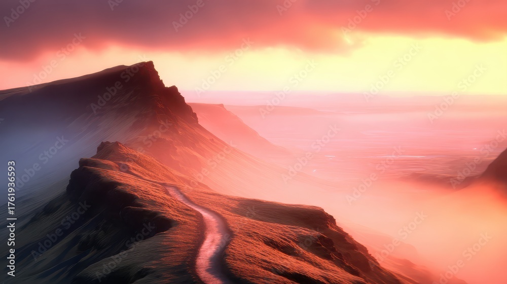 Fototapeta premium A breathtaking mountain landscape bathed in warm light, featuring a winding path leading through mist and rugged terrain.