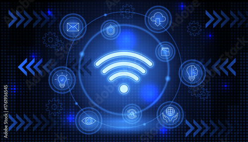 Wireless network. Icon Wi-Fi signal. Tech unit. Glow symbol. Data link online flow. Mobile device. Neon light sparkle. Modern technology sign. Global communication. Vector futuristic garish background