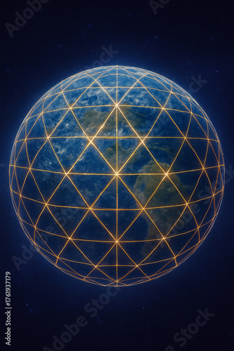 A glowing spherical world floating in deep space, seen from afar, covered by a radiant golden grid made of interlocked hexagrams. Sacred geometric pattern.