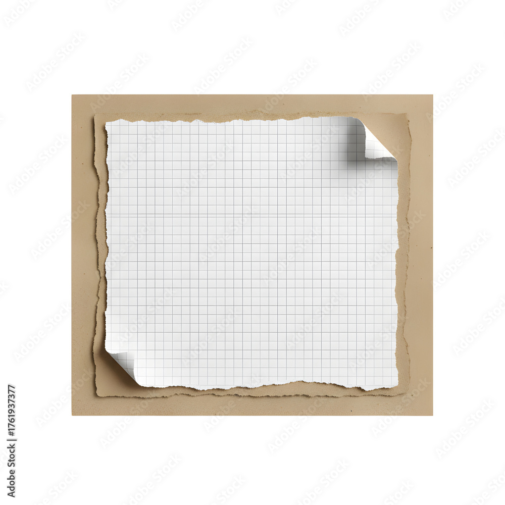 Fototapeta premium Torn paper collage with brown kraft paper and white grid notebook paper layers, decorated with ripped tape. Minimal vintage aesthetic for scrapbook, journaling, and digital collage projects