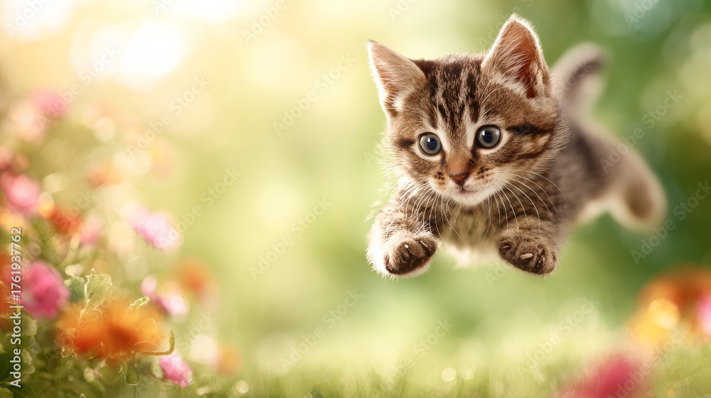 Fototapeta premium Grey Kitten in Mid-Air Above Garden Flowers and Greenery