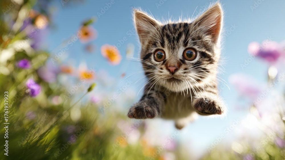 Fototapeta premium Grey Kitten in Mid-Air Above Garden Flowers and Greenery