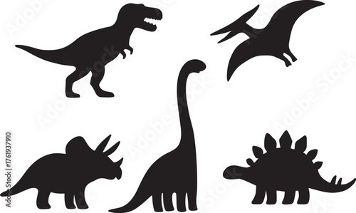 Dinosaur silhouette vector set. Cute flat illustrations of T-rex, Triceratops, Stegosaurus, Brachiosaurus, and Pterodactyl. eps