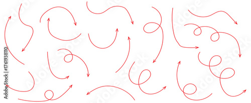 set of hand drawn arrows in sketch style. Includes different directions, curved lines, and doodle style symbols.