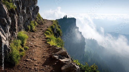A scenic mountain path winds along a rocky cliff, surrounded by lush green foliage and misty clouds, offering breathtaking views of the landscape.
