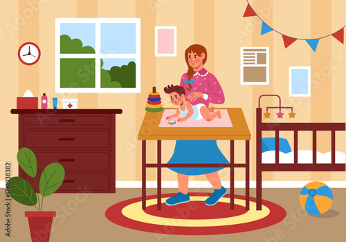 Baby manual therapy. Massage infant. Healthy body care for newborns. Osteopathy treatment. Back correction. Mom looks after childhood. Mother changing diaper. Bedroom interior. Vector tidy masseuse