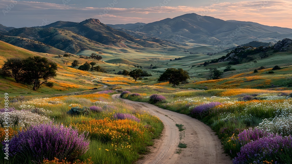 Obraz premium Peaceful landscape of a winding dirt road through a beautiful meadow of wildflowers, leading towards rolling hills under a warm, golden sunset glow.