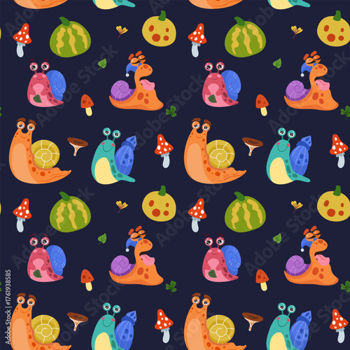 Autumn pattern. Mushrooms, snails, cute nature. Childrens forest print. Animal, floral, escargot of Spring. Decor textile, wrapping paper, wallpaper. Vector seasonal seamless tidy cartoon illustration
