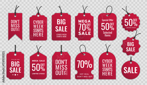 Sale tag. Price discount. Badge offer. Sticker with special deal. Promotion on label. Store sign. Symbol of coupon. Icon marketing. Sell of mark. Product shopping promo. Vector isolated elements set