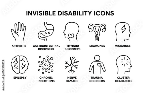 Invisible disability icons: arthritis, disorders, migraines, epilepsy, trauma
