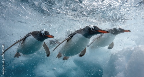 Three agile penguins swim gracefully underwater through icy blue water and floating ice