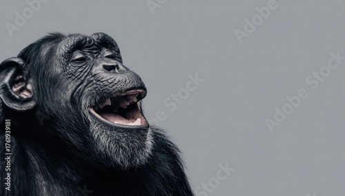Close-up of a chimpanzee with eyes closed and mouth open, appearing to laugh