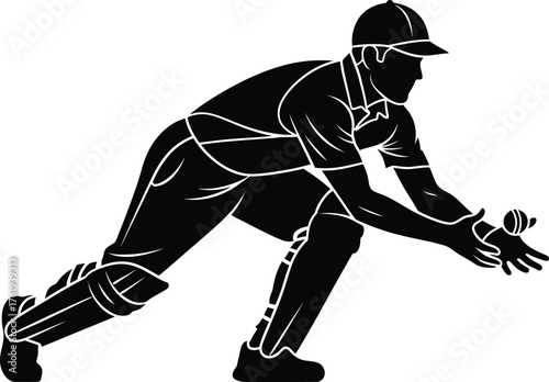 Silhouette of a cricket player catching a ball