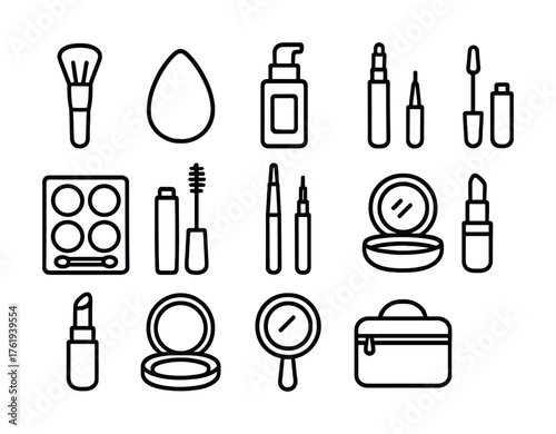 Essential makeup tools: brushes, sponges, lipstick, mascara, compact, mirror, organizer