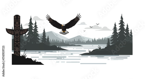 Illustration of a bald eagle flying over a serene lake with a totem pole and evergreen trees in the background.
