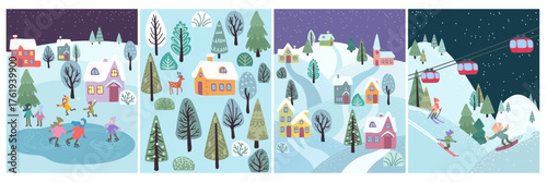 Christmas winter card. Xmas landscape, snow tree, deer. Night holiday. Cold season postcard. New year poster design. Cartoon cure home. Ski resort, people skating. Vector flyer isolated illustration