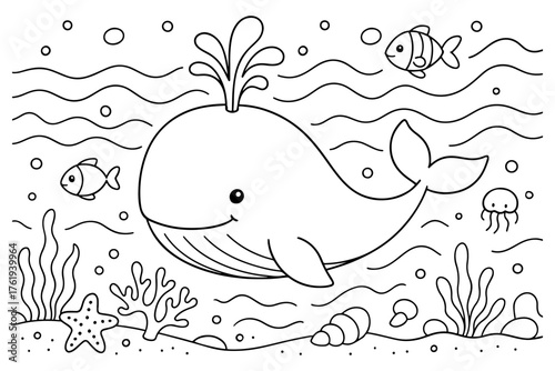 Coloring page of a cute whale swimming underwater with fish. Fun coloring page illustration for kids.
