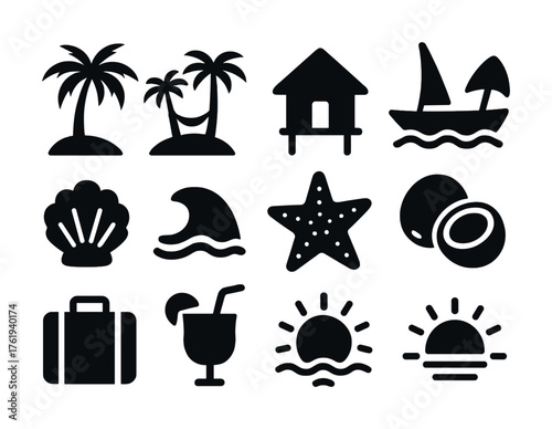 Tropical beach icons set with waves, shells, and palm trees