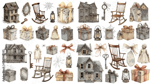 Watercolor gothic vintage set with haunted houses, rocking chairs, old dolls, and gifts. Perfect for Halloween, mystery, or antique-themed illustration projects.