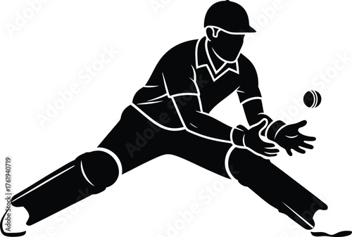 Cricket player silhouette catching a ball in action