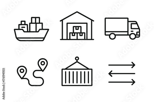 Logistics Network outline icon set: cargo ship, warehouse building, delivery truck, route map, container icon, supply chain arrows.