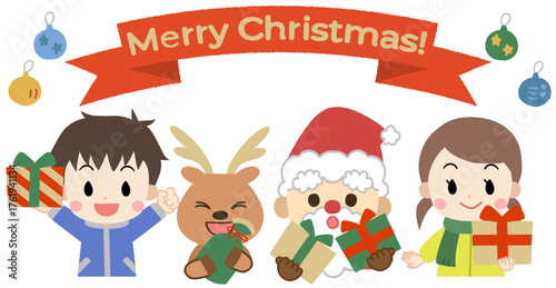クリスマスパーティーを楽しむサンタとトナカイと可愛い子供たちのイラスト