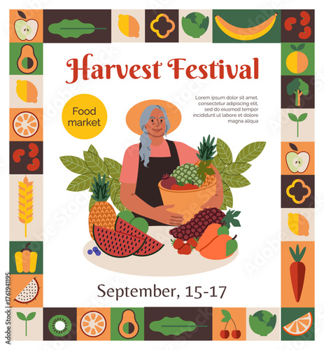 Harvest festival. Social media post design. Happy girl tropical natural plants. Local farm food market, gardener growing organic fruit and vegetables. Vector cartoon flat style isolated illustration