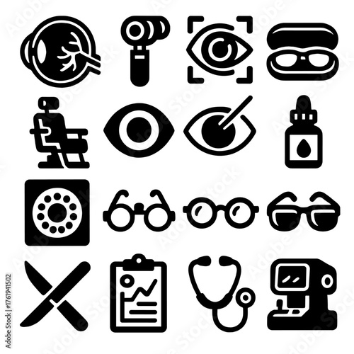 Medical Vision silhouette set: eye anatomy, ophthalmology tool, retina scan, eyeglasses case, optometrist chair, pupil, corrective laser, drops bottle, vision therapy card, test