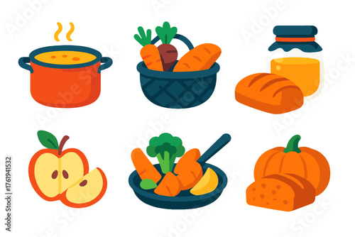 Thanksgiving Nourishment flat icons: kitchen pot, warm soup, basket of roots, pumpkin bread, honey jar, sliced apple, roasted vegetables, spoonful of mash. , , High resolution,