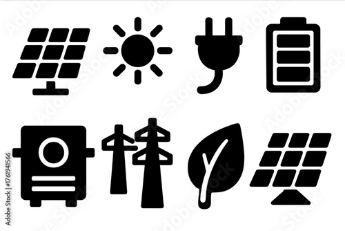 Renewable Energy silhouette set: solar cells, shining sun, power plug, battery bank, inverter unit, energy lines, green leaf, rooftop panel. , , High resolution, sharp vector-like