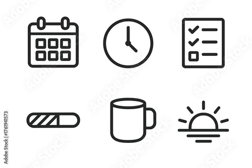 Routine Building outline icon set: calendar page, clock icon, checklist, progress bar, coffee mug, rising sun. , , High resolution, sharp vector-like appearance, ideal for UI and