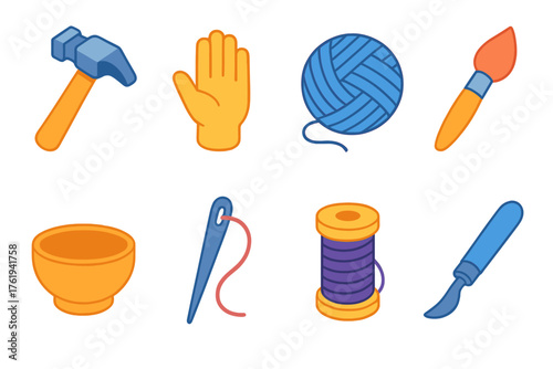 Handcrafted flat isometric set: hammer, hand, yarn ball, paintbrush, clay bowl, needle, thread, carving tool.